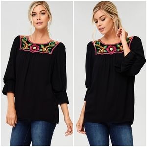Feminine Chic Black 3/4 Sleeves Embroidered Top